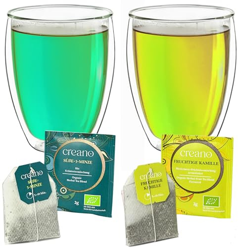 Creano doppelwandige Gläser 250ml „DG-Hoch“, 2er Set + 2x hochwertiger Creano Kräutertee oder Früchtetee gratis