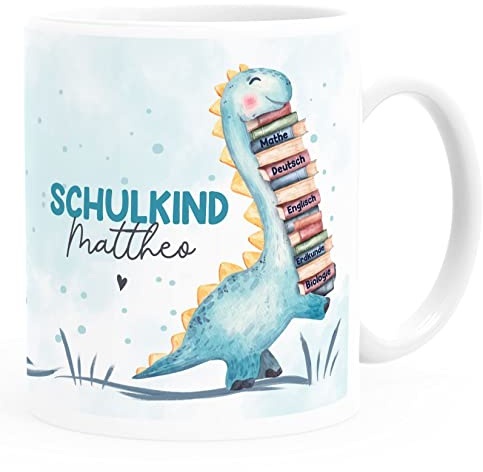 SpecialMe® Kindertasse Kunststoff Schulkind Dino Geschenk Einschulung personalisiert mit Namen Jungen Mädchen Kunststoff-weiss standard