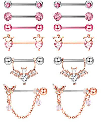 Kakonia 6 Paar 14G Nippelpiercing für Damen 316L Edelstahl Herz Schmetterling Mond CZ Blume Langhantel Brustwarzenpiercing Set Süße Nipple Piercing