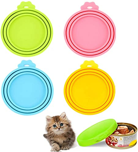 DDSHUN Pet Food Can Covers, Set of 4 Assorted Colours Cat Dog Food Can Covers BPA Free Storage Cat Dog Pet Food Tin Lids Reusable Universal Size Fits All