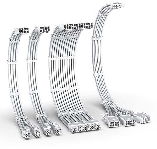 EZDIY-FAB Kit de câble gainé PCIE 5.0 12VHPWR,Extension de câble d'alimentation 16AWG,PC PSU Sleeved Cable,24PIN-ATX/(4+4) PINEPS/(12+4) PIN to 3X 8 PIN PCIE-RTX4080/4070Ti Câble d'extension-Blanc pur