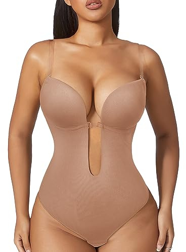 Slimers Women Shapewear Backless Body Bra Shaper Womens Plus Size Plunge Invishaper Low Back Thong Bodysuits Open Crotch Daily Use((Skin Pink XL)
