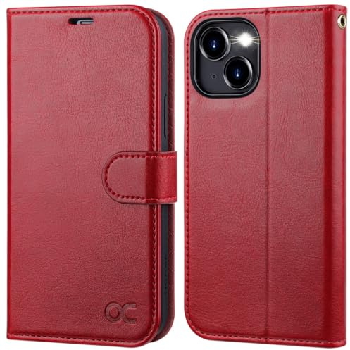 OCASE Etui Coque pour iPhone 15 Plus, Antichoc TPU Housse Cuir PU Portefeuille [RFID Blocage] [Béquille] [Fentes pour Cartes] Protection Coque pour iPhone 15 Plus (6,7 Pouces) - Rouge