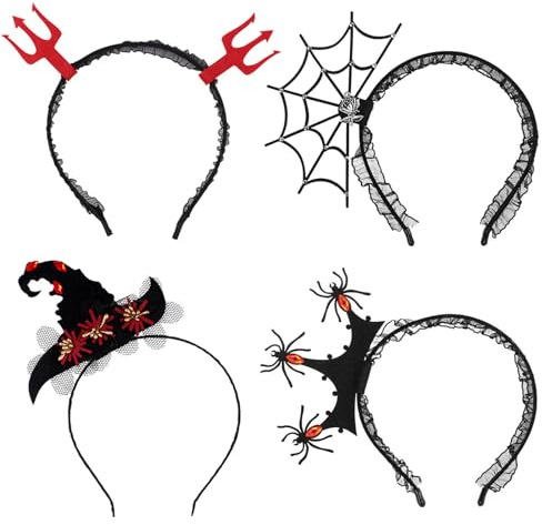 Hifot 4 Stücke Halloween Haarreif Erwachsene, Hexenhut Spinne Teufel Haarreif Rote Gabel, Halloween Stirnband Haarschmuck Kopfschmuck Haarreifen für Cosplay Karneval Party Fasching