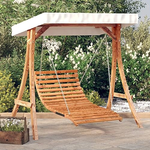 Festnight Hollywoodschaukel mit Dach Schaukelbett aus Holz mit Dach Hollywoodschaukel Hängesessel Hollywoodschaukel Mit Liegefunktion Garten-Schaukelbett Massivholz Fichte mit Teak-Finish Type-1