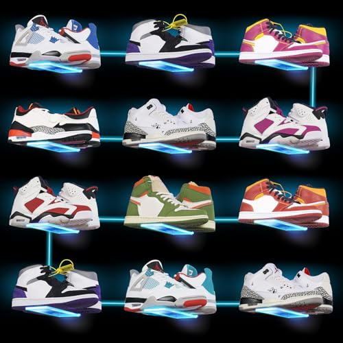 LINYAPRY 12-pack flytande skohylla med lampor, lysande färgskiftande sneakers, visningshyllor för vägg, leviterande skohylla organiseringshållare för monter sneakersamling eller skobox