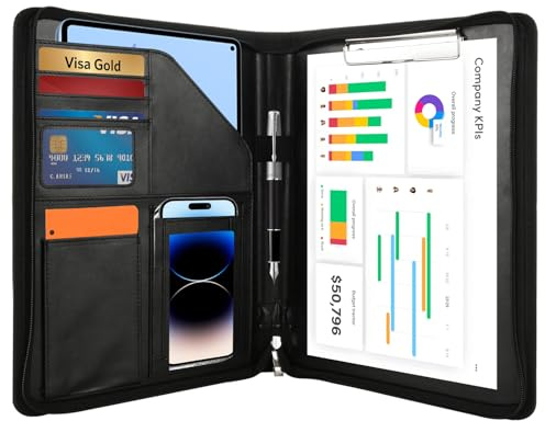 MUXHEL Conference Folder A4 Zipped Portfolio Folder A4 Leather Document Folder Black Leather Folders for Documents A4 Work with Clipboard, Pockets, Pen & Card Holder