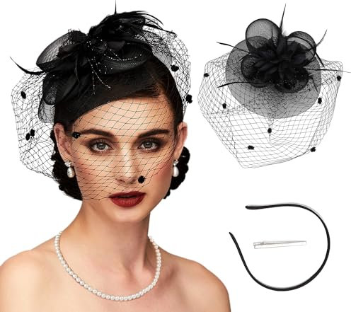 dressfan Fascinator Hut Damen Vintage Stirnband Hochzeit Schleier Hut Haarschmuck 1950er kopfschmuck für Hochzeit/Cocktail/Gatsby/Teeparty/Karneval,Schwarz