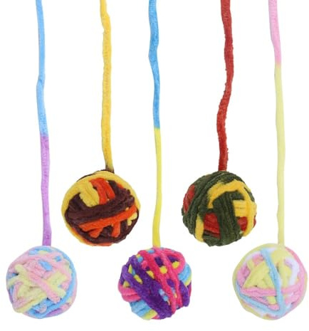 DONGKER Katzenspielzeug, 5 Stuck Garnball für Katzen, ø 5cm, Katzenbälle mit Glöckchen, Kätzchenspielzeugball an Schnur für Katzen und Kätzchen im Innenbereich