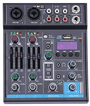 Mini-Audio-DJ-Mixer Soundboard-Konsolensystem 4 Kanal Digital USB Bluetooth MP3 Computereingang 48V Phantomspeisung Stereo DJ Studio Streaming