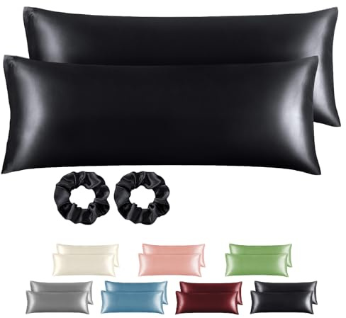 BEDELITE Satin Kissenbezug 2er Set 40x145 Schwarz | Seidenkissenbezug Alternative, Weich für Sommer, 2 Haargummis inklusive, für Haar und Haut