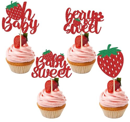 Wxiben Decoración para cupcakes de fresa Oh Baby – 36 piezas de decoración de pastel de fresa con purpurina para baby shower, decoración de cupcakes de fresa, decoración de cupcakes de baby shower