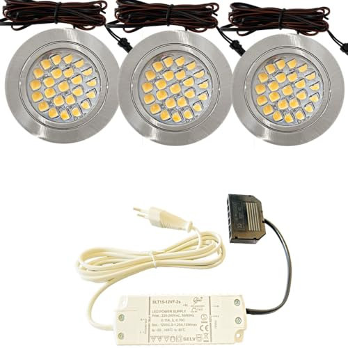 Lichtfaktor24 3er Set LED Möbel Einbaustrahler 12V ultra flach 2.4W Einbauleuchten Mira 190lm mit LED Trafo und 230V Zuleitung 4000k Neutralweiß Lochausschnitt: 58 bis 60mm Silber Plug and Play Spots