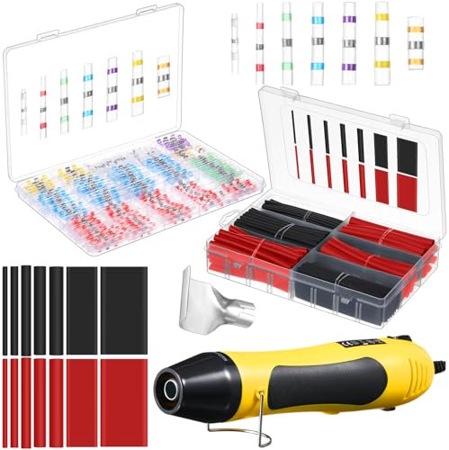 Mimorou 400 Pcs Solder Seal Wire Connectors with Heat Gun Heat Shrink Butt Connector Waterproof Solder Heat Shrink Connectors and 180 Pcs 3: 2 Heat Shrink Tubing Kit for Marine (Black, Red)