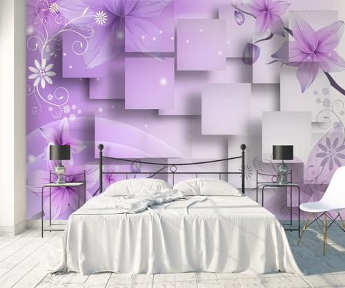 MIWEI Wallpaper Papier Peint Panoramique Carrés Fleuris Violets Papier Peint 3D Intissé Tapisserie Poster Chambre Salon Decoration Murale 400x280cm -Z2417