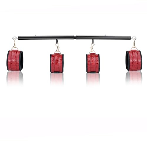 Black Adjustable Exercise Stainless Steel Spreader Bar with 4pcs PU Crocodile Red Adjustable Straps, Yoga Training Fitness Gear, Workout Bar,Sports Gym Kit (Black+Red Crocodile PU Kit)