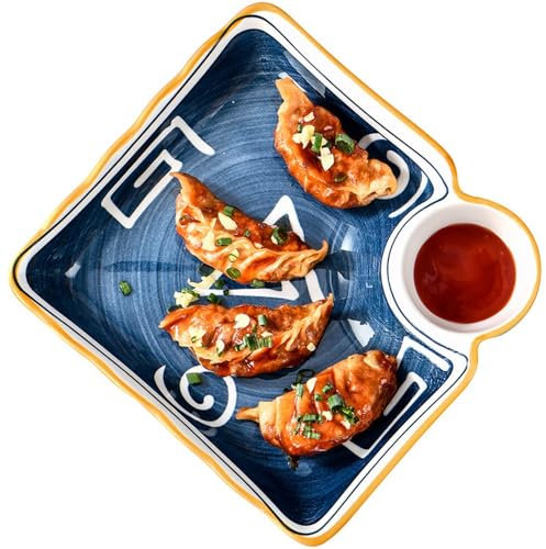Windmilne Plato para Dumplings Plato para Dumplings de cerámica con Plato para vinagre Plato para Salsa Plato para Servir Salsa (Estilo 1 como se Muestra)