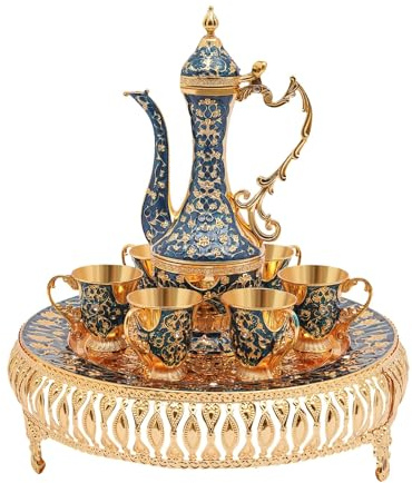 RjcdOPL Europäisches Teeservice im Vintage-Stil, aus Metall, Set mit 6 Tassen und Teekanne mit Tablett, für Zuhause, Büro, Geschenk für Hochzeit, Umzug (blau)