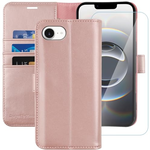 MONASAY Wallet Case for iPhone 17E/16E with 3 Card Holders - Rosegold | Kickstand,RFID Blocking,6.6 feet of shock absorption,PU Leather, Strong Magnetic Closure, Fits 6.1 inch ONLY,Protective film