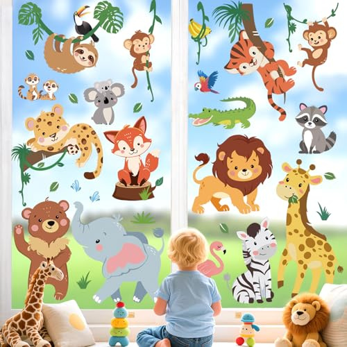 wondever Stickers Fenetre Animaux de la Jungle Autocollant Fenêtre Sauvages Safari Éléphant Lion Girafe Electrostatique Anti-Collision Décoration pour Printemps Été Vitre Stickers