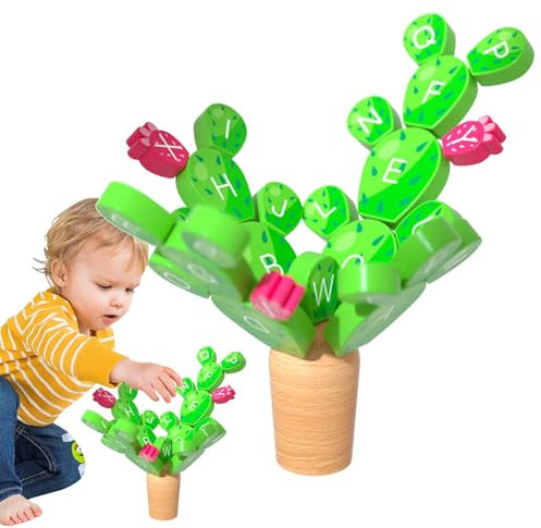 Jeu d'équilibre en Bois, Jouet Cactus d'équilibre,Wood Alphabet Learning Stacking Game | Activités éducatives Amusantes, bâtiment Ensemble pour Les de 3 à 8 Ans