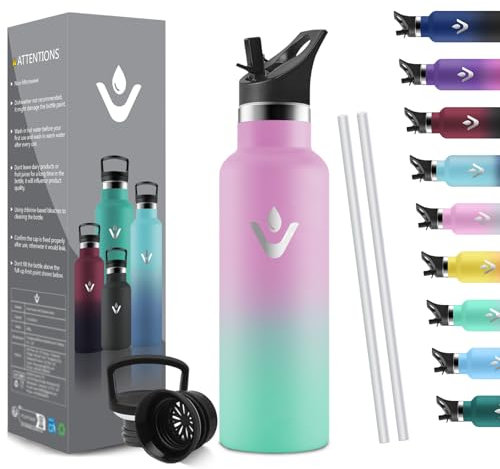 HoneyHolly Thermosflasche 500ML, BPA-Frei, Trinkflasche Edelstahl, Auslaufsichere Isolierflasche Doppelwandig, Wasserflasche Kinder Edelstahl, mit Strohhalm, Trinkflasche Kohlensäure Geeignet