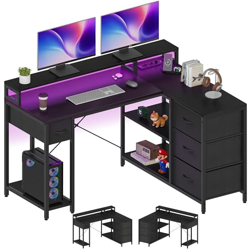 YITAHOME L Form Schreibtisch mit USB Ladeanschluss und Steckdose,Reversible Eckschreibtisch mit 4 Schubladen und Regal,Gaming Schreibtische mit Monitorständer,140x100 cm Computertisch für Büro,schwarz | Reversibler Computertisch Eckschreibtisch, Gaming Tisch Home Office, Monitorständer, Holzplatte Eisenrohr, Regal CPU-Ständer