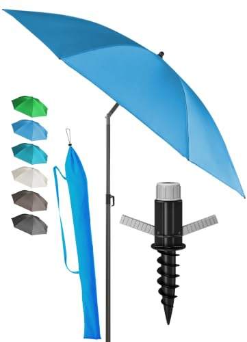 Menz Sonnenschirm Strand in Blau - Komplettes 3er-Set inkl. robustem Sonnenschirm + solider Bodenhülse + langlebiger Schutzhülle, Strandschirm windfest stabil, Strandschirm mit UV50+ Schutz