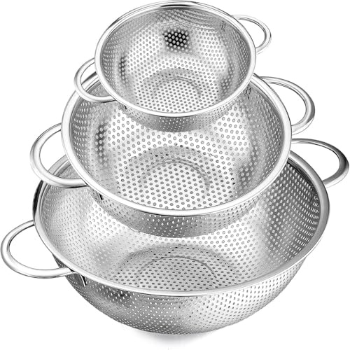 Scolapasta a triplo strato in acciaio inox microperforato per risciacquare, scolare pasta, riso, cereali, verdure, frutta, con manico in metallo, design a nidificazione, 3 pezzi