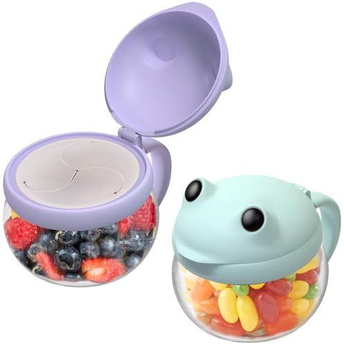BeneLabel Snack Box, 2pcs Snack Pot 12.3oz/365ml Kids Portable Food Container Storage Jar Nuts Candy Formula Dispenser with Lid for Travel Cute Frog, BPA Free & Spill-proof, Green & Purple