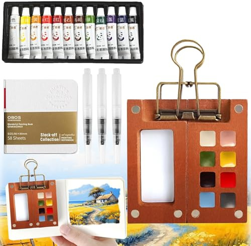 7PCS Mini Watercolour Paint Set Travel, Pocket Artist Watercolour Travel Set with 8 Grids Wooden Palette, 12 Colours, 3 Brushes, Metal Clip & Sketchbook for Artists, Beginners & Travel Sketchers