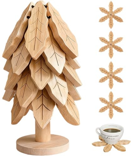 Nenkarn Untersetzer, Bambus-Topfuntersetzer, 5 Stück, Weihnachtsbaum-Design | 5 Moso-Bambus-Untersetzer plus 1 Ständer; Weihnachtsbaum-Design; 19 cm ausgeklappt; 10 mm stark; für Töpfe und Pfannen
