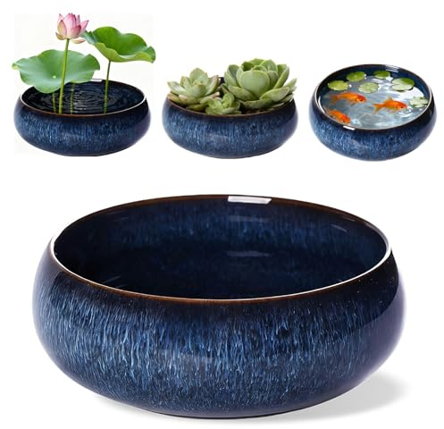Fioriera a Forma di loto, in Ceramica, - Cache-Vaso Smaltato Piatto per Coltura Idroponica, Semi di Loto, Bonsai, Succulente e Servizio da Tè (Blu) 16,5*6,5cm
