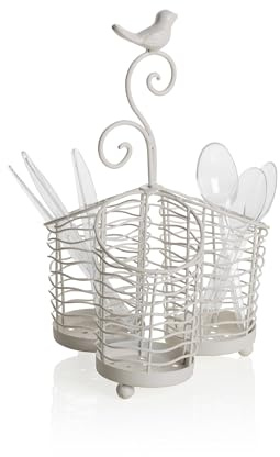 Baroni Home Porta Posate in Ferro Decorato, Accessori Shabby Chic da Tavola con Uccellino, Scolaposate da Interno e Esterno, 18.5x18.5x29 cm