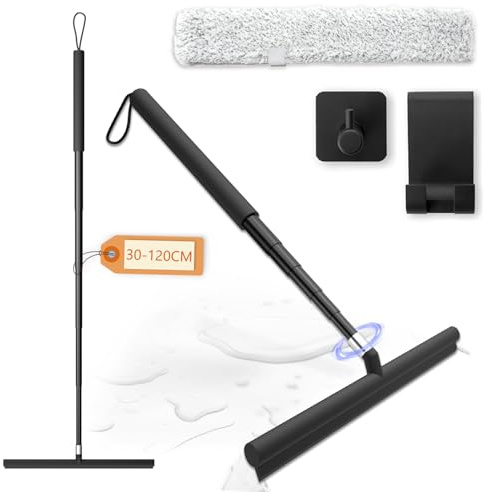 Shower Squeegee Duschabzieher Long Handle, Fensterwischer und Fensterabzieher 2 in 1, 120cm Teleskopstange, Bodenabzieher, Wasserschieber, Glasreiniger, Fensterreiniger, Glaswischer für Dusche Schwarz