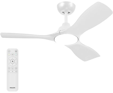 Philips Olas Ventilador de Techo con Luz LED, 3 aspas Fijas, Diámetro 107 cm, 2650 Lúmenes, Luz Blanca Ajustable de 3000 K a 6500 K, Regulable al 5%, Mando a Distancia Incluido, Blanco