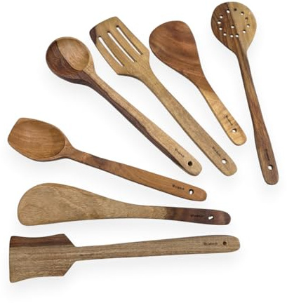 Woodmede Wooden Kitchen Cooking Spoons Set of 7 for Cooking, Serving Includes Wooden Spoons, Serving Spoon, Wooden Spatula Set, Wooden Utensil Cooking Kitchen Sets