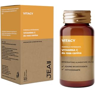 Jea VITACY Vitamina C 500 mg da Rosa Canina 100% Naturale con Bioflavonoidi - Integratore Antiossidante per Difese Immunitarie - Supporto per Collagene e Assorbimento Ferro - 60 Capsule