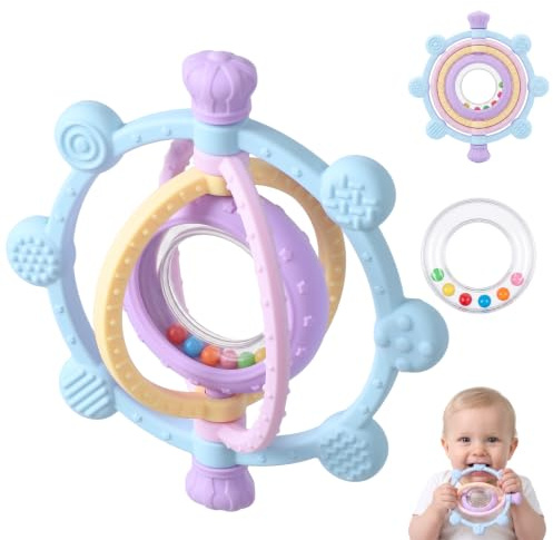 Orzbow Silicone Teething Toys for Baby, Blue | Baby Teething Toy with Baby Rattle Ring, Soothing Teethers for Babies 3-6 Months with 360° Textured Bumps, Newborn Gifts