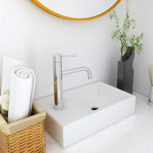 QUAHEAS Lavabo da 400 x 220 x 90 mm, SMC, bianco, lavello da appoggio con foro per rubinetto, per bagno degli ospiti, WC sanitario, lavello da incasso con scarico, compatibile con mobiletto