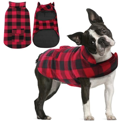 AOFITEE Hundemantel Winter- Hundemantel Mittelgroße Hunde mit Bauchschutz und Taschen, Warm Wintermantel Hundejacke mit Geschirr Loch, Hundebekleidung für Französische Bulldogge, Rot M