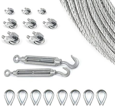 DQ-PP Stahlseil SET 10 | 6mm 6x19 weich | 100 Meter | Stahl verzinkt | 8x Kauschen 6mm | 2x Spannschloss Haken-Öse M5 | 8x Seilklemmen Bügel 6mm | Drahtseil für Rankhilfe Seil Draht Forstseil