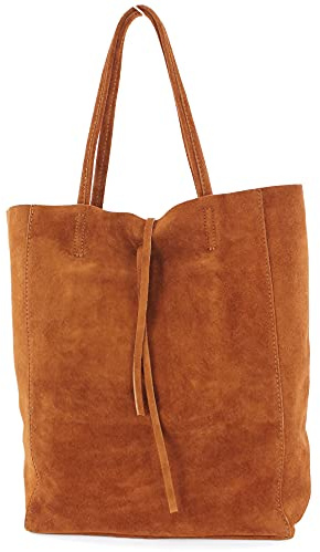 modamoda de T163 Damen Leder Shopper Schultertasche Large mit Innentasche handmade in Italy, Farbe:Cognac Dunkel Wildleder