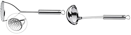 WMF Profi Plus Kartoffelstampfer 28,5 cm, Cromargan Edelstahl teilmattiert, spülmaschinengeeignet & Profi Plus Suppenkelle 30 cm, Saucen-/ Schöpflöffel, Cromargan Edelstahl teilmattiert