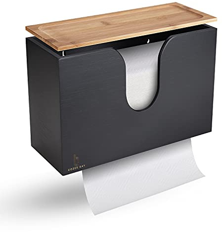 Cozee Bay Bambus Papierhandtuchspender, Papierhandtuchhalter mit Deckel für Zuhause und Gewerbe, Wandhalterung oder Arbeitsplatte für Multifold, C Falz, Z Falz, Trifold Handtücher (Schwarz)
