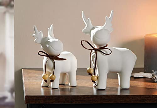 Dekoleidenschaft 2 Dekofiguren Elch aus Porzellan, weiß, niedliche Winterdeko, Weihnachtsdeko, Elchfiguren-Set, Figurenset, Tierfiguren