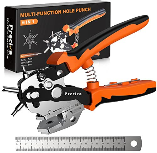 Leather Hole Puncher, Preciva Revolving Belt Punching Tool, Adjustable Heavy Duty Belts Punchers Plier with 6 Holes, Ruler (V-Shape Hole Punch)