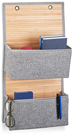 Relaxdays 1 x Hängeaufbewahrung, Bad und Flur, Türorganizer 2 Fächer, Bambus und Stoff, Türgarderobe, HxBxT: 62 x 33 x 12 cm, grau