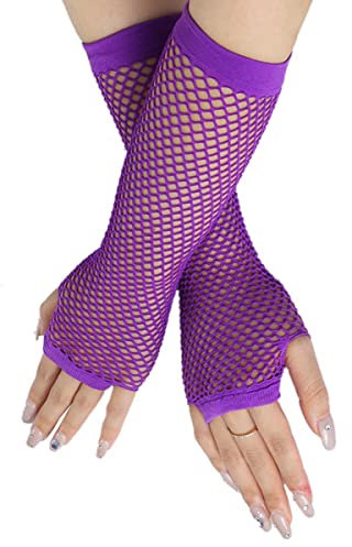 SamHeng Lange Netzhandschuhe, Violett fingerlose Armstulpen, Mesh-Kostüm Handschuhe, Kostüm-Punk-Accessoire für Frauen, Mädchen, Kinder, 80er-Jahre-Kostüm, Abendparty-Zubehör