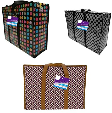 1ABOVE 3 Pack Deluxe Shopping Bag Laundry, Shopping, Storage, Reusable Store, Cloth, Moving, Waterproof, Handles and Zipper Bags (L (50X37X17CM))